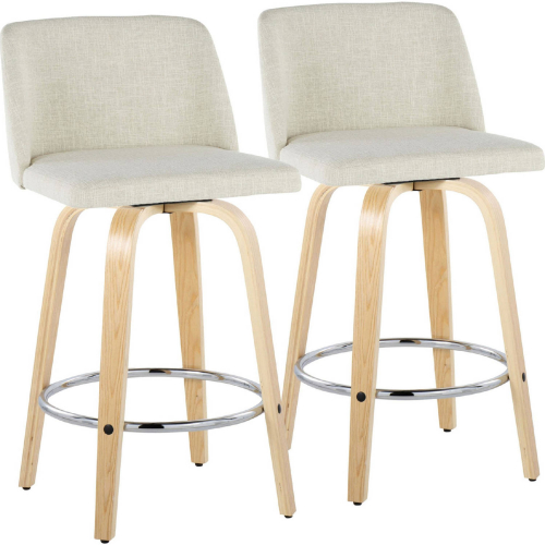Toriano 26" Swivel Counter Stool in Natural Wood & Cream Fabric with Chrome Footrest (Set of 2)